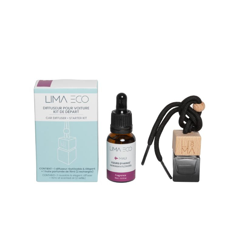 Mini car diffuser starter kit and Hawaiian Flowers fragrance – Lima Eco